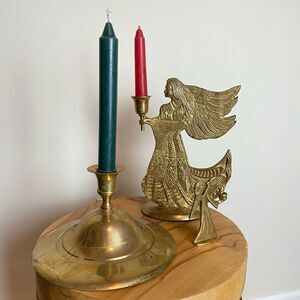 Three Vintage Solid Brass Decor Holiday Christmas Angel Taper Candle Holders